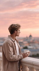 Fototapeta premium Young man standing on a balcony with a coffee mug, gazing across a classic European city at sunrise or sunset, finding a peaceful moment during his urban travel experience