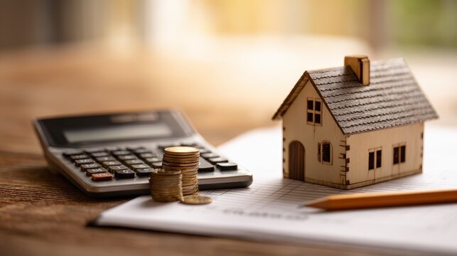Close-up of a miniature house on a financial ledger with a calculator, coins and a pencil for mortgage planning