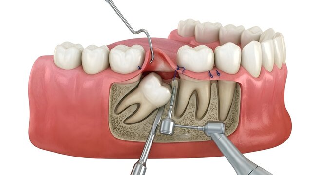 Hyper-realistic 3D Medical Illustration of an Impacted Wisdom Tooth Extraction Surgery