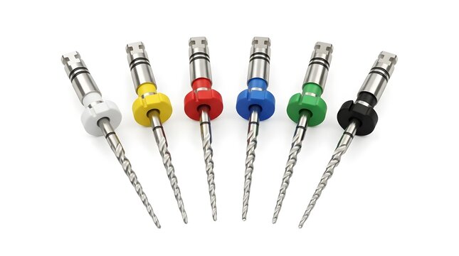 Set of Colorful Rotary Endodontic Files for Root Canal Therapy Isolated on White Background