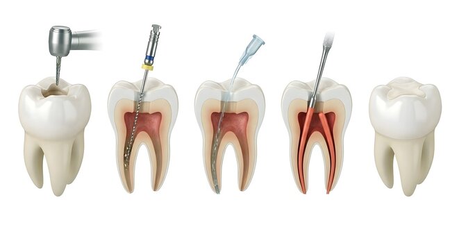 Realistic 3D Medical Illustration Showing the Step-by-Step Process of a Root Canal Treatment
