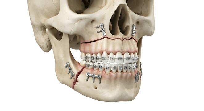 3D Medical Illustration of Orthognathic Jaw Surgery with Titanium Plates and Braces Isolated on White