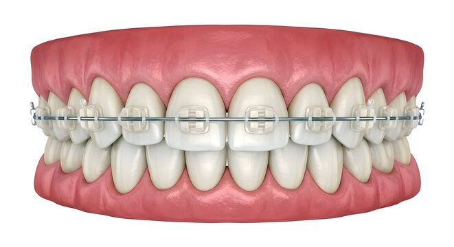 Hyper-Realistic 3D Render of Ceramic Clear Dental Braces on Healthy Teeth