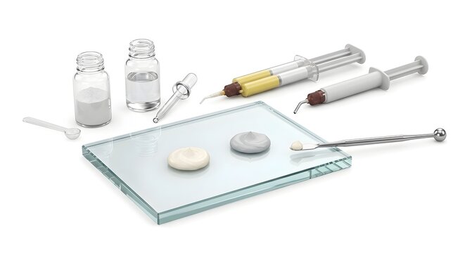 Professional Dental Pulp Capping Materials and Mixing Instruments Isolated on White
