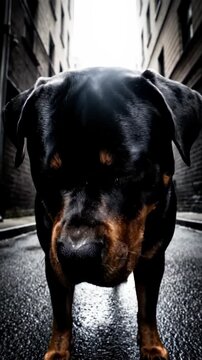 Intense Rottweiler Portrait in Urban Alleyway.