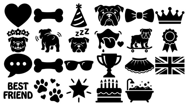 Funny Bulldog Holiday Icons with Party and Royal Themes  Flat Vector Illustration on Transparent Background