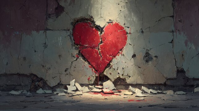Emotional wall art: a heart split by cracks, representing betrayal and loss