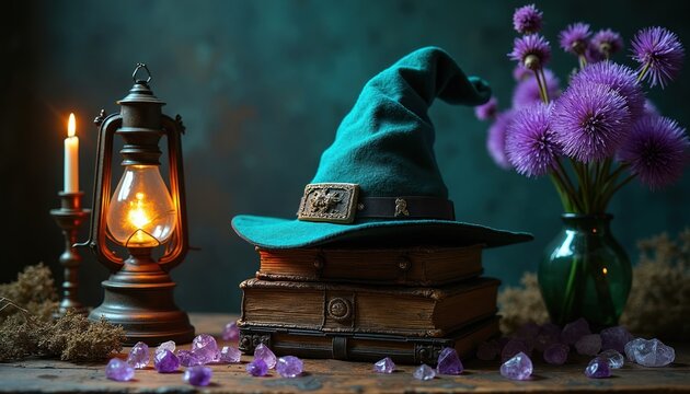 Witch hat rests on old books near lantern and purple flowers. Amethyst crystals scatter on wooden table. Magical still life composition for occult theme.