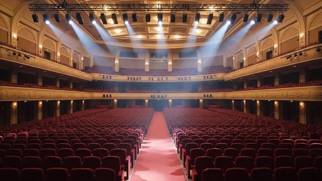 Interior of a large empty theater with red seats.
