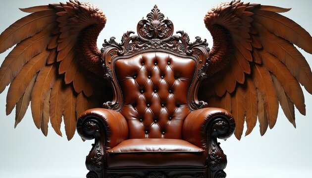 Ornate brown leather armchair with carved wooden frame and large feather wings. Luxurious vintage fits royalty, fantasy, or gothic interior decor themes.