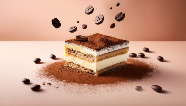 floating tiramisu slice with creamy layers cocoa powder and coffee beans on pastel background creating dreamy and delicious dessert scene