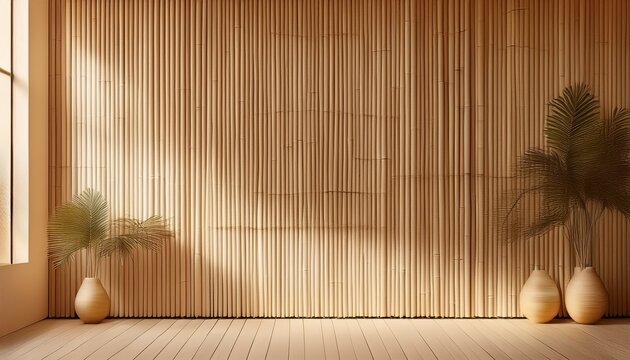minimalist bamboo wall with vertical slats smooth texture eco friendly design warm beige color modern interior natural material sustainable architecture calm atmosphere