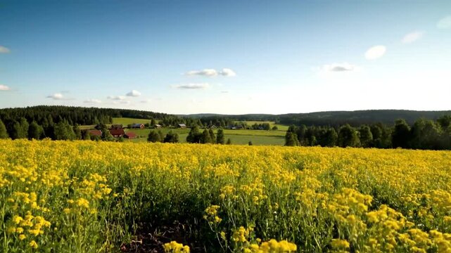 Scenic yellow wildflowers field in bloom with a village and lush green forest under a bright blue summer sky