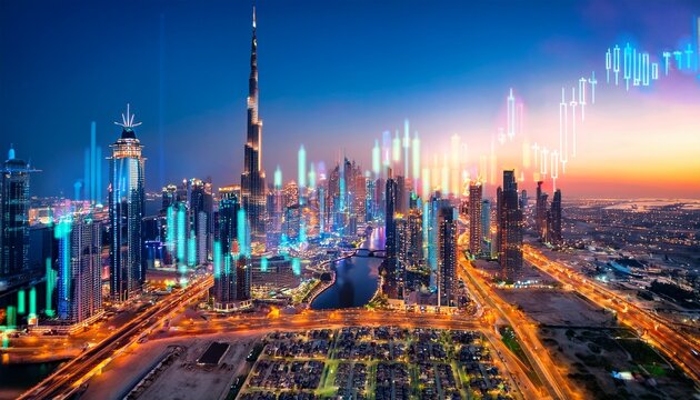 uae dubai economy illuminated data or candlestick stock market charts overlay burj khalifa at twilight country s economy profits zero tax rate financial analytics stock market trading graphs