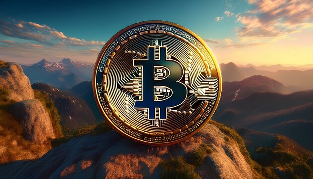 a magnificent bitcoin coin on top of a mountain cryptocurrencies fiat currencies concepts generative ai