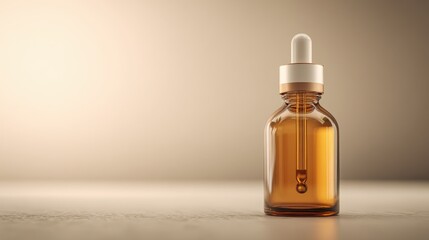Fototapeta premium Amber glass dropper bottle with blank label on neutral surface for product mock-up