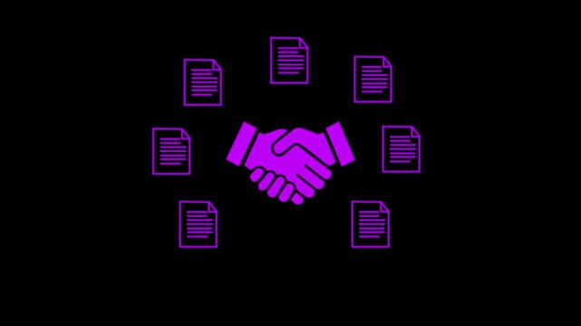 Ai driven procurement technology and automation improve supply chain management with digital handshake and document icons in business concept animation 4k vido