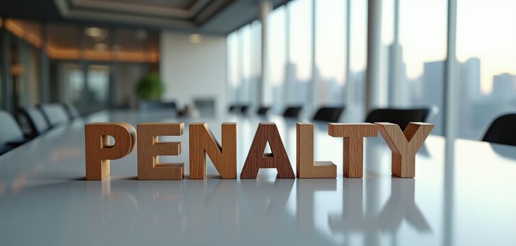 Wooden letters spell PENALTY on polished table in modern office meeting room. Chairs and windows with city view. Concept of business finance legal consequences.