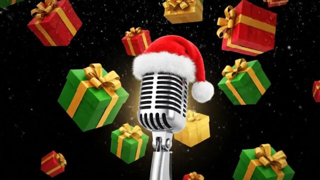 Festive Christmas microphone wearing a Santa Claus hat with floating colorful gift boxes falling down, holiday background