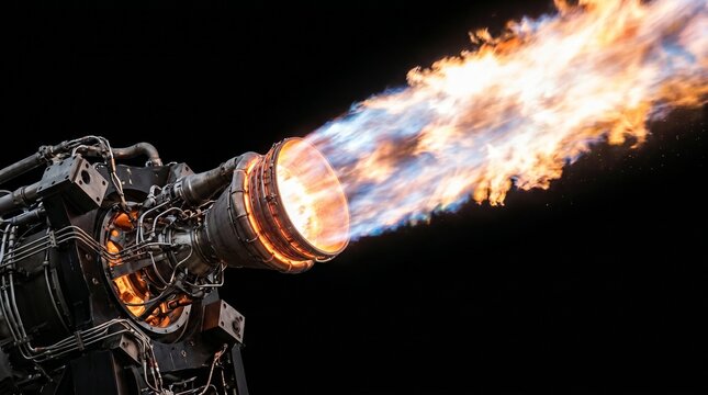 Rocket engine igniting with bright fire. Powerful jet thruster emitting flames during test. Space exploration technology, aerospace engineering propulsion system in action on black background.