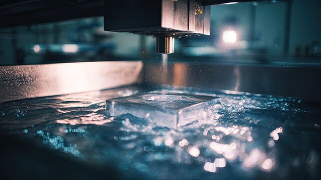 Edm machine carving metal part submerged in water