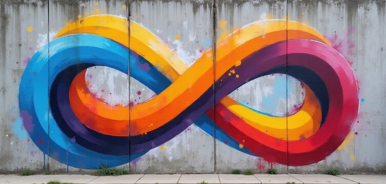 Colorful abstract infinity symbol mural on concrete wall. Vibrant paint creates endless loop pattern. Modern urban street art design. Bold graphic curves, bright energy, endless design.
