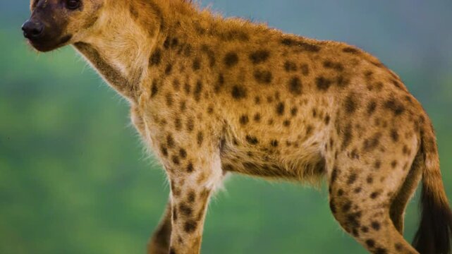 Close up of an injured spotted hyena limping on fractured leg.