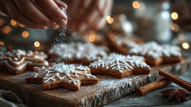 Close-up of gingerbread cookies being decorated by hands on a rustic wooden board