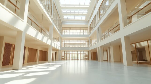 Empty multi story corporate building atrium featuring clean architecture, glass facades, and a spacious layout, illuminated by abundant natural light streaming from the skylights above