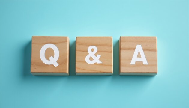Wooden blocks with Q and A letters on cyan background. Symbols represent questions and answers, knowledge sharing, information exchange. Useful for education, support, problem solving concepts.