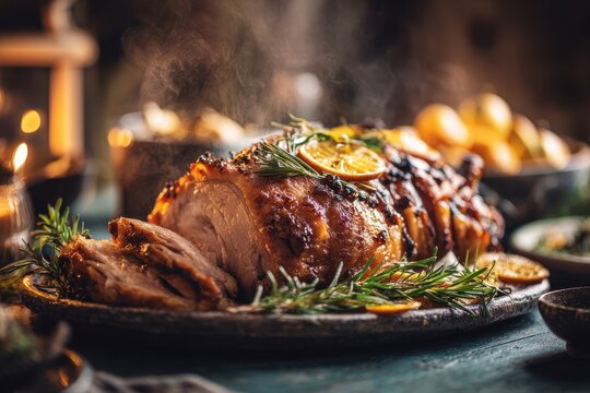 Crispy-skinned suckling pig presented on a wooden serving platter