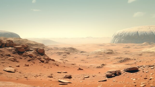 Martian landscape with vast red desert terrain, scattered rocks, and distant hills under a hazy sky, featuring a large, textured habitat dome for space exploration and colonization