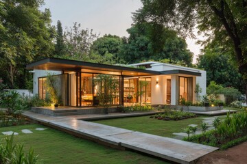 Fototapeta premium Modern house design in a green setting featuring large glass windows and a clean layout during evening light in an urban neighborhood