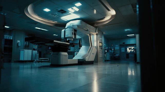 Modern clinical oncology room with a linear accelerator for precision radiotherapy, sterile blue lit environment showcasing advanced cancer treatment technology and patient centered care