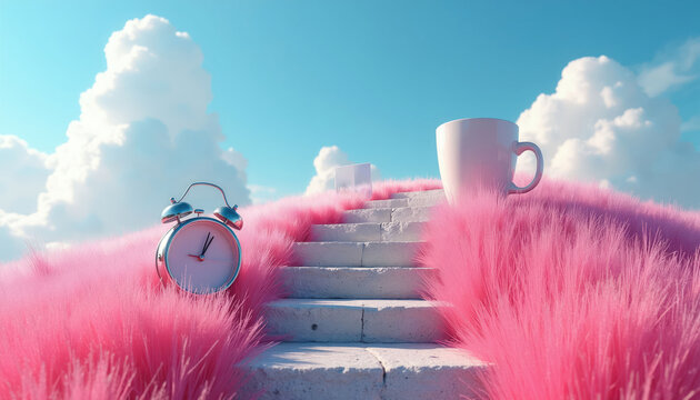 Bright morning sky over pink grassy hill with stone stairs. Alarm clock and coffee cup signal start of new day. Dreamlike scene invites fresh beginnings and peaceful moments.