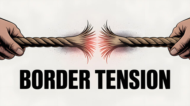 Tug of War: A powerful illustration of two hands pulling on a fraying rope, representing the strained relations of border tension.