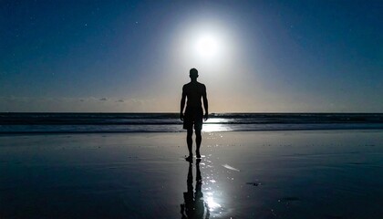 Fototapeta premium A lone person walks towards the sunset on a serene beach at dusk.