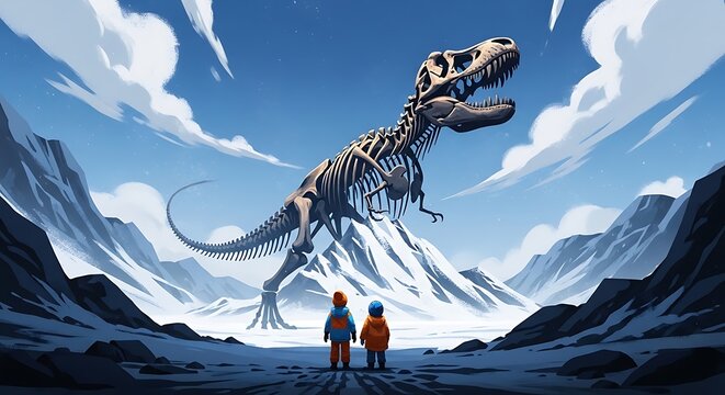 Awe inspiring encounter two children gaze up at a colossal dinosaur skeleton in snowy mountains