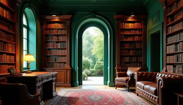 Old library interior with tall bookshelves filled with books. Dark academia room has leather furniture a desk and archway looking out to a green garden. Ornate rug on floor lamp on desk.