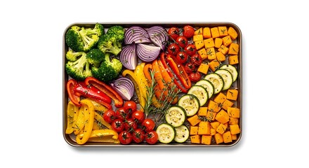 Assorted vegetables arranged on a tray with a white background