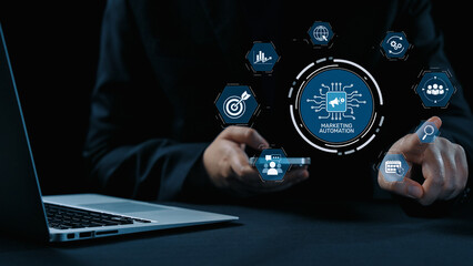 Fototapeta premium Marketing automation diagram showcase AI-driven campaign workflow, highlight marketing automation, data-driven strategy, marketing automation tools, and market automation process in business. Elide