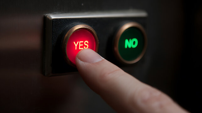 A close-up view of a finger pressing a bright red button labeled 'YES', with a green 'NO' button nearby, on a dark, metallic surface