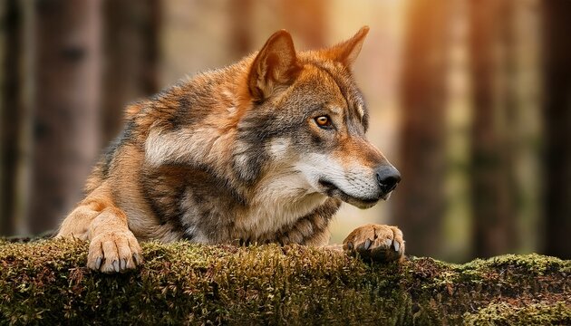 majestic wolf with golden eyes surrounded by forest scenery showcasing nature beauty and strength