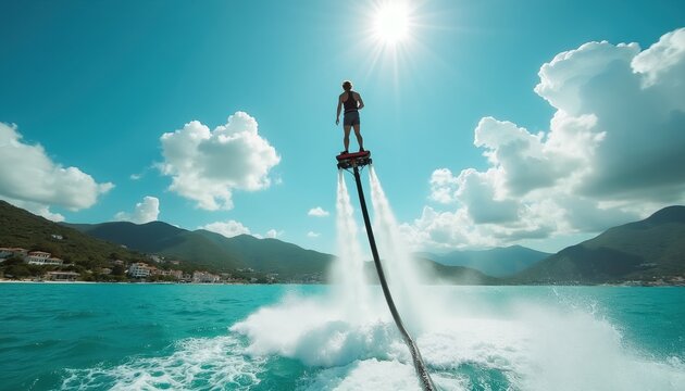 Man flies on flyboard over blue sea water. Water jets spray from board, person hovers in air. Sunny day with clouds, green mountains visible.