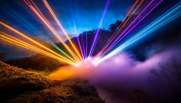 vibrant laser beams cut through billowing smoke clouds creating a mesmerizing and futuristic spectacle