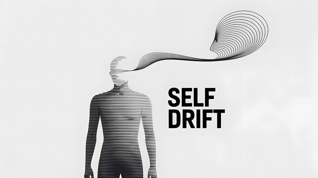 Self Drift Conceptual Art: A minimalist conceptual art piece depicting the exploration of the self, with a figure experiencing an ethereal journey of self-discovery.