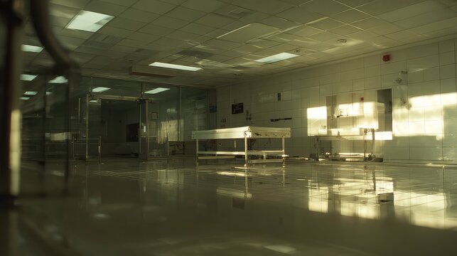 Empty post mortem examination unit featuring a sterile stainless steel table, clean tiled walls, and harsh light creating long shadows, conveying a somber and clinical atmosphere