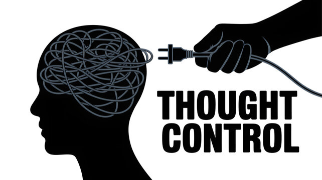 Thought Control Concept: A conceptual depiction of a head silhouette, the brain replaced with tangled wires, suggesting mental complexities and a hand holding a plug.