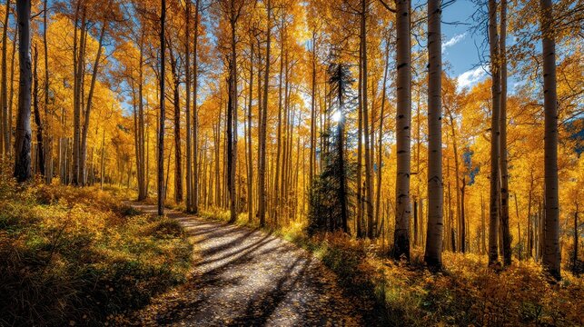 Golden autumn aspen grove glowing in sunlight