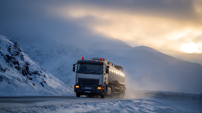 Industrial tank truck transports essential liquids on a snowy mountain road during a winter sunrise, conveying challenging logistics and freight